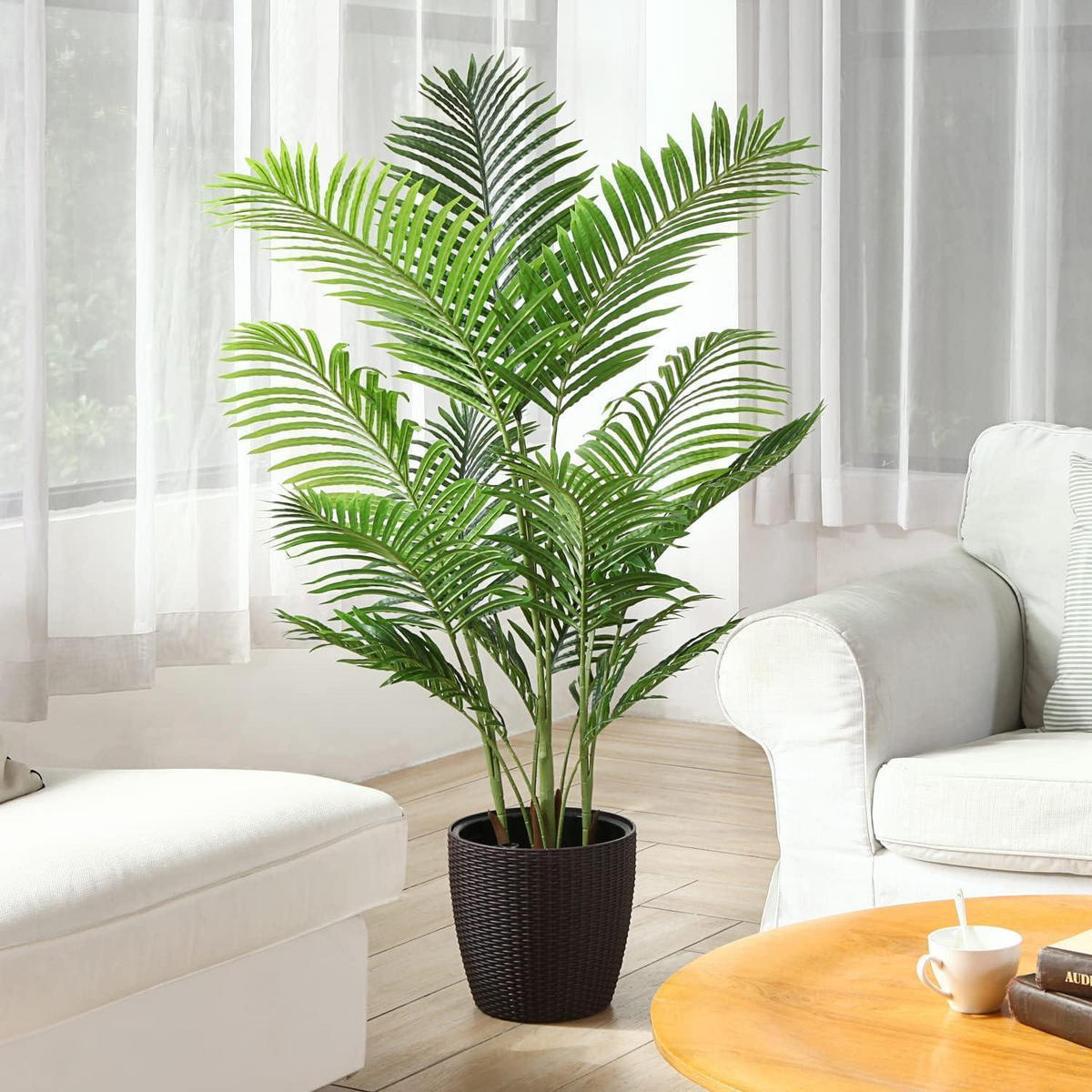 KUNSTPALME Areca 140 cm mit 15 Stämmen im schwarzen Topf - Grün, Kunststoff (139.7cm)