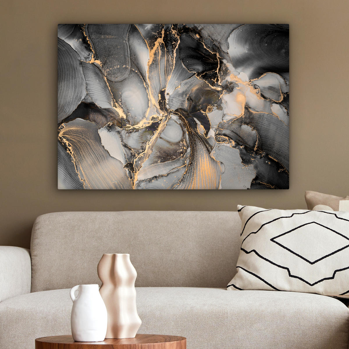 LEINWANDBILD Grau - Luxus - Gold - Marmor Wandbilder 80x60 cm - Dunkelgrau, Textil (80/60cm) - MuchoWow