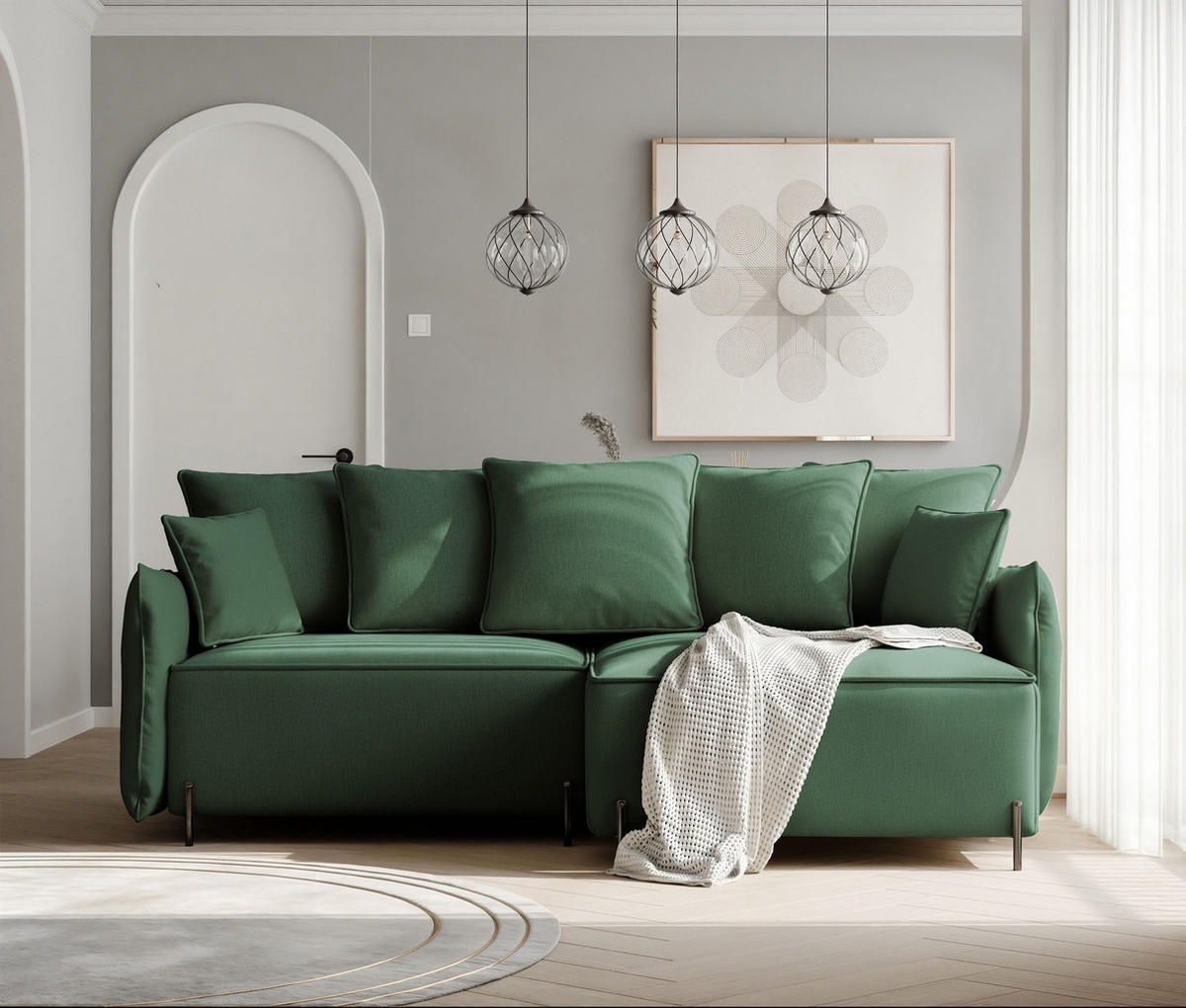 ECKSOFA MARCO Rechts, mit Schlaffunktion und Bettkasten, Grün - Grün, Textil/Metall (221/148cm) - Idohome