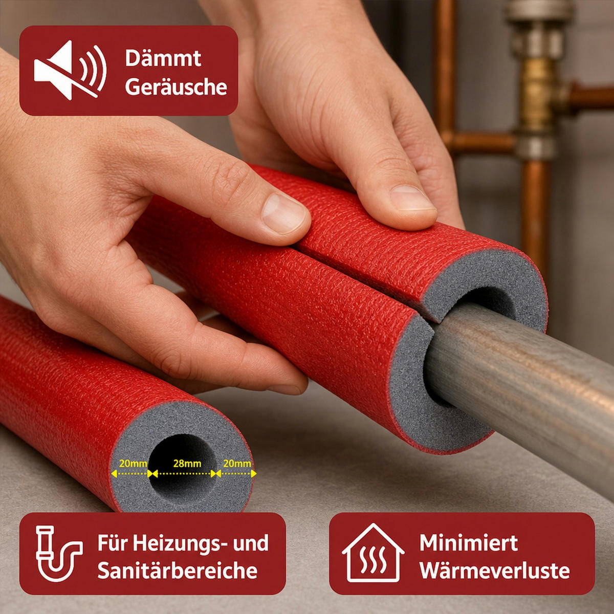 ROHRISOLIERUNG 28mm - Rot, Kunststoff (70/30/30cm) - BONI-SHOP