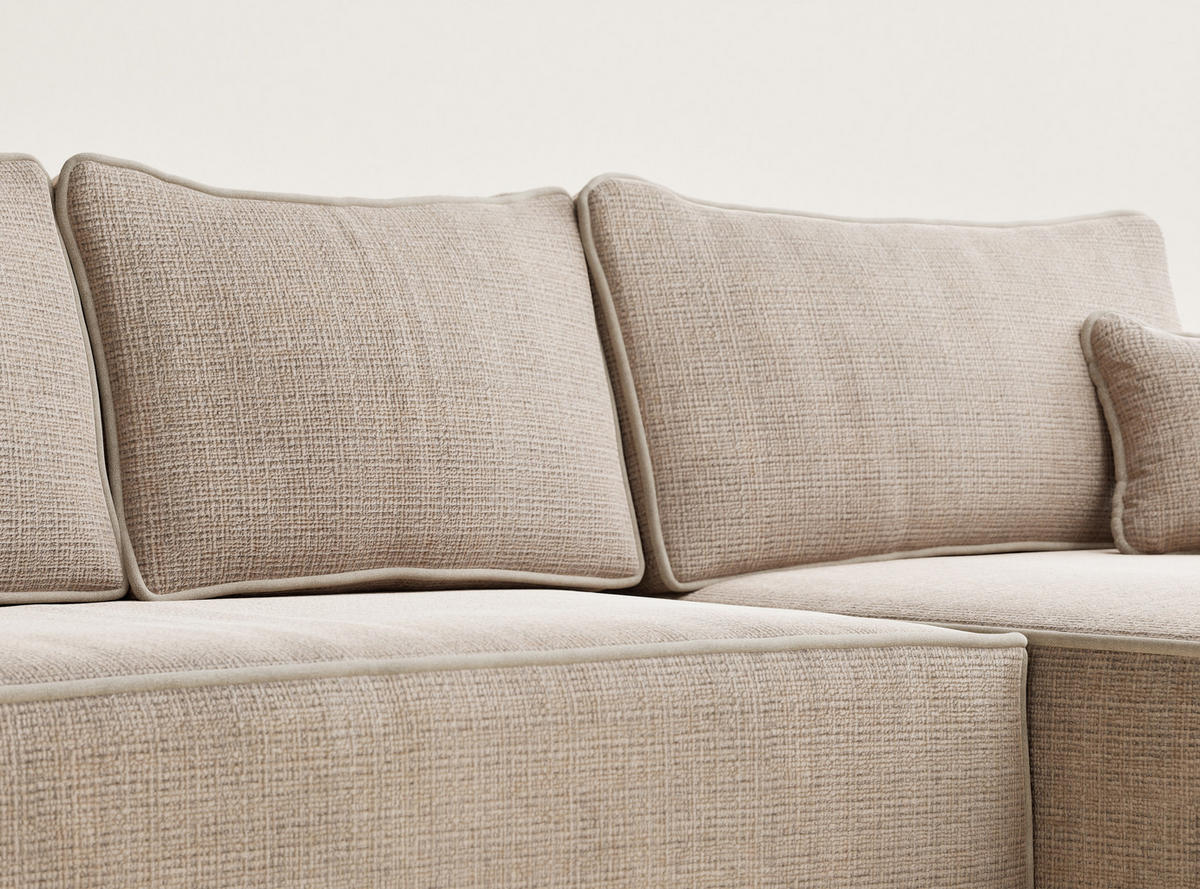 ECKSOFA MIT SCHLAFFUNKTION Modo Creme Chenille-Stoff - Rechts Seite - Beige/Schwarz, Holz/Holzwerkstoff (294/185cm) - Maison de Reve