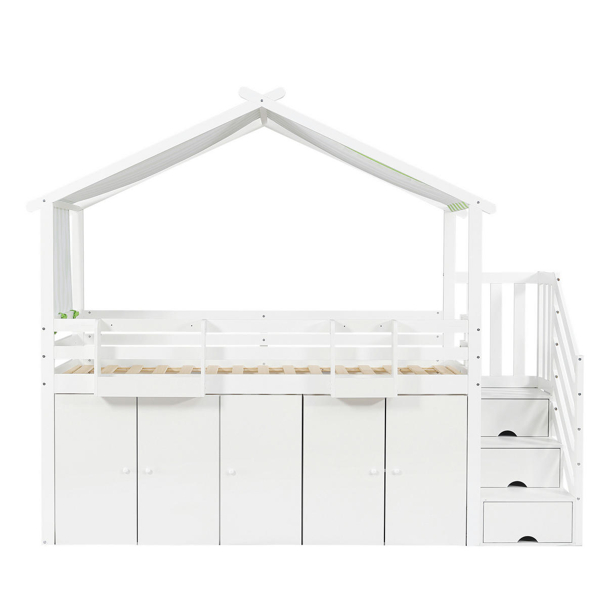 HAUSBETT 90/200 cm Weiß/Grün mit Stauraumtreppe und Kleiderschrank - Weiß, Holz (90/200cm) - Flora Grace