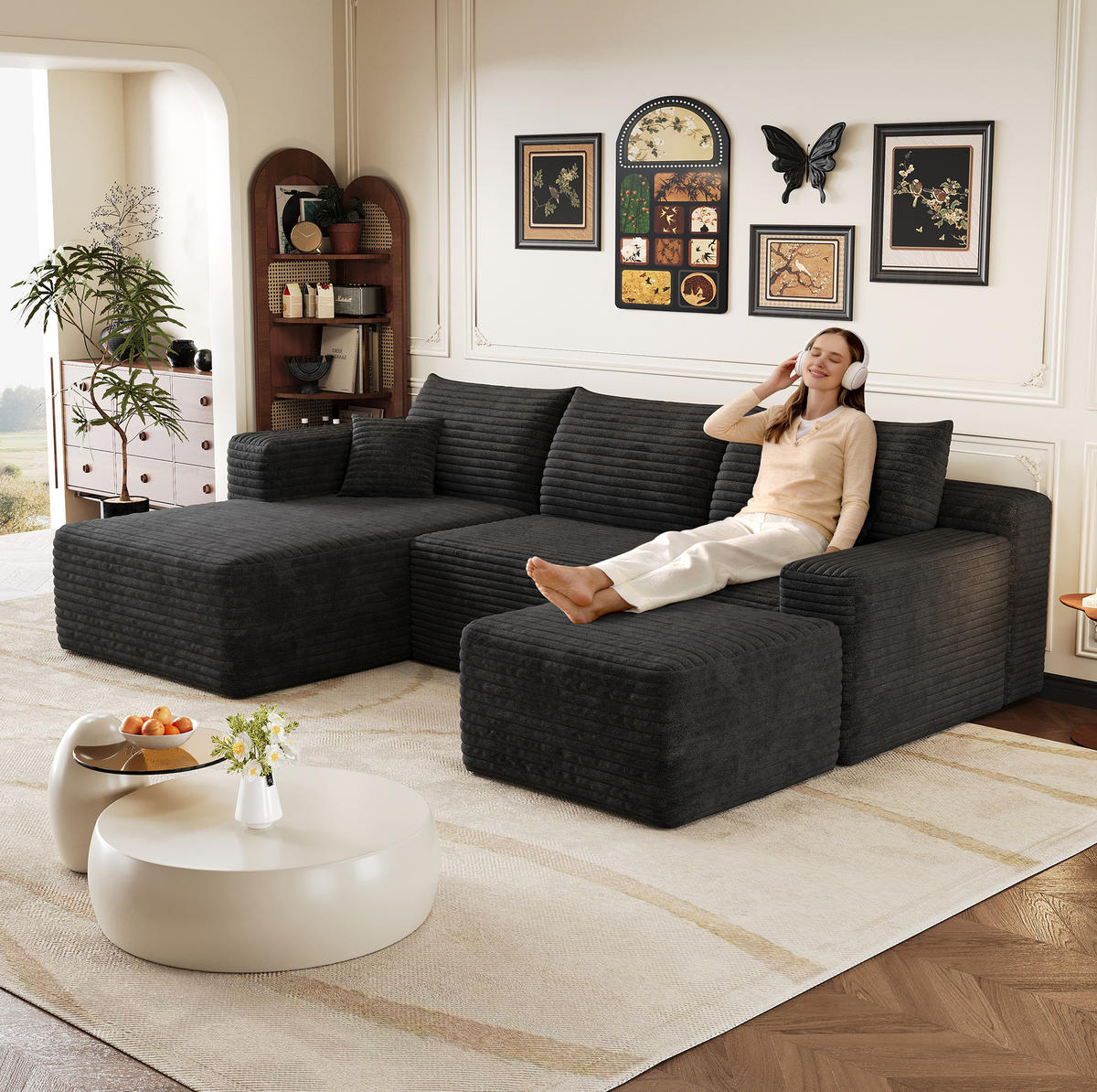 ECKSOFA 241/151/58 cm schwarz aus Stoff ohne Montage - Schwarz, Textil (151/241cm) - OKWISH