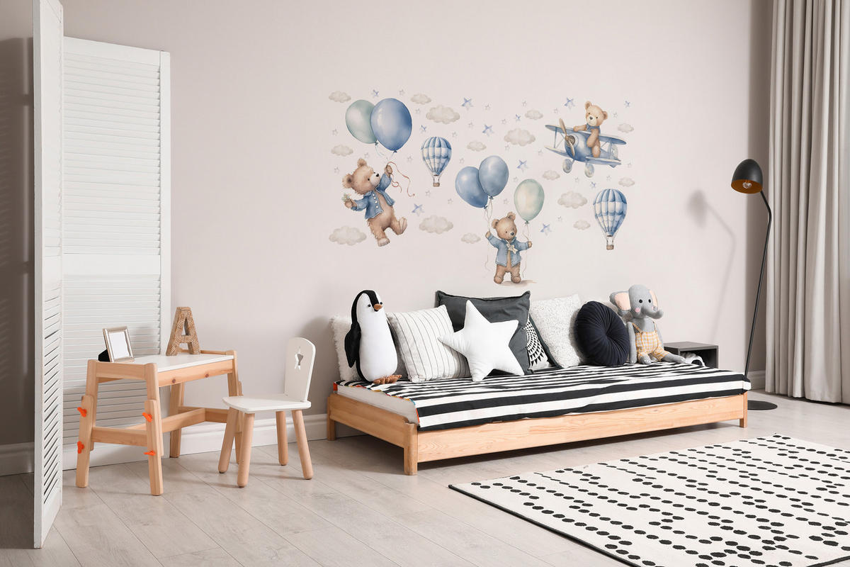 WANDSTICKER Bären Ballons 120x60 - Blau/Beige, Papier (120/60/60cm) - Muralo