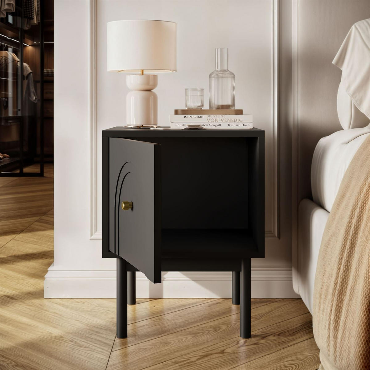 NACHTTISCH LIBERTY auf Holzbeinen schwarz - Schwarz, Holzwerkstoff (41.3/53.5/39cm) - Lookway