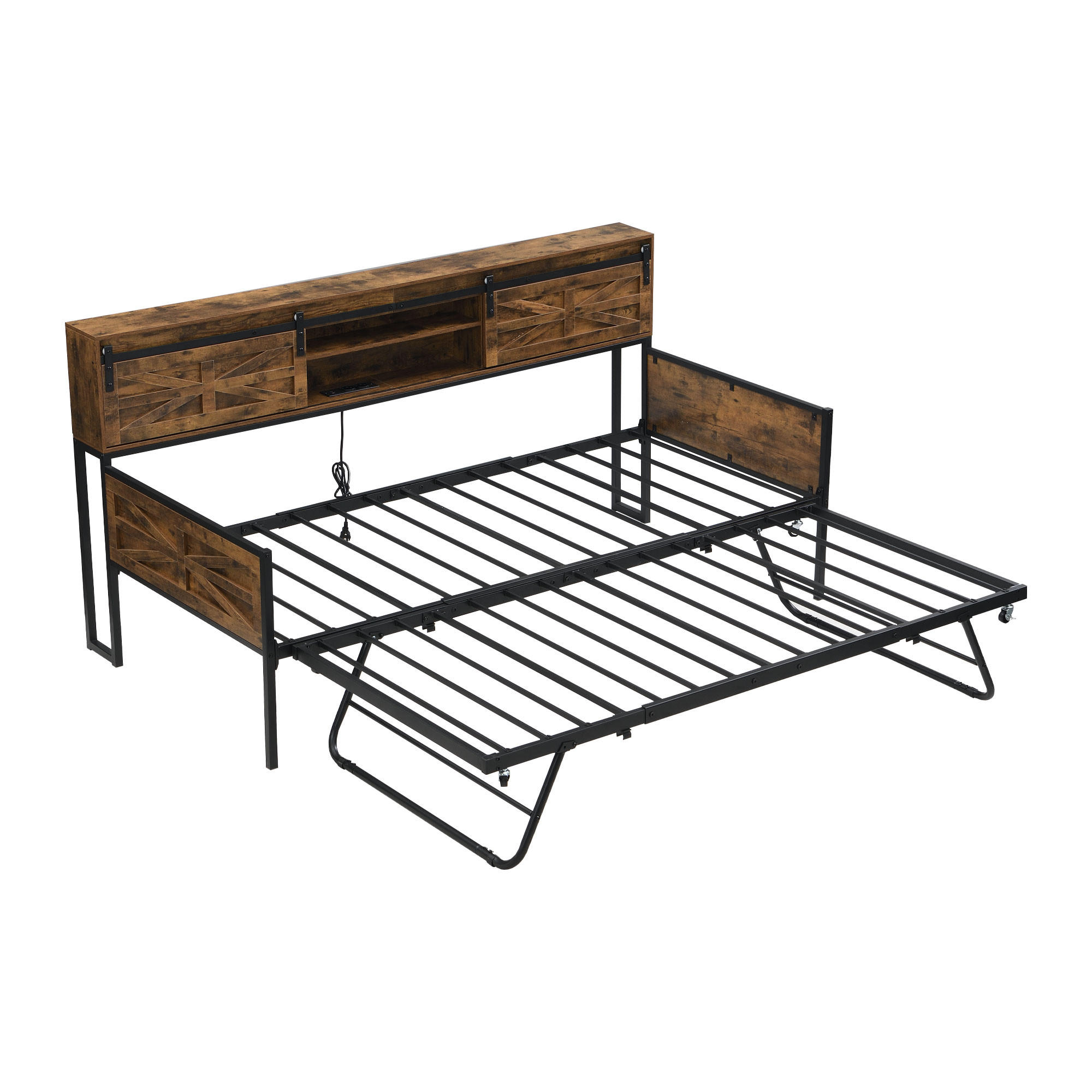 AUSZIEHBETT 90x200cm mit multifunktionalen Steckdosen，Schwarz + Braun - Braun, Holz/Metall (90/200cm) - KOMHTOM