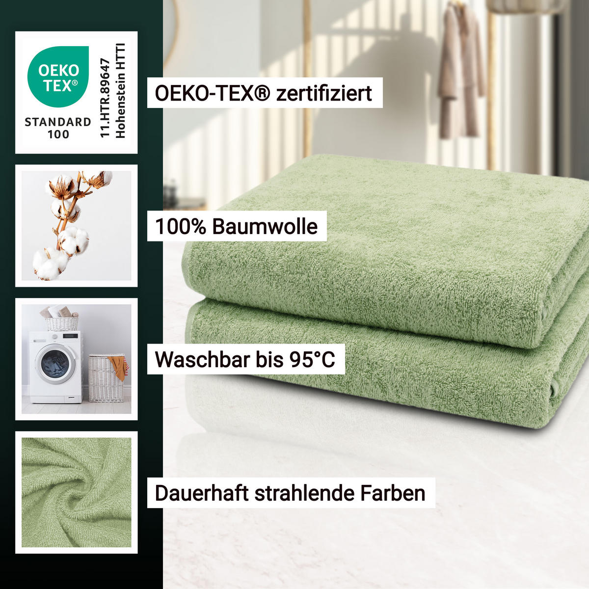 BADETUCH, 2er-Set, 100x150 cm, 100% Baumwolle, Grün - Hellgrün, Textil (100/150cm) - Zollner