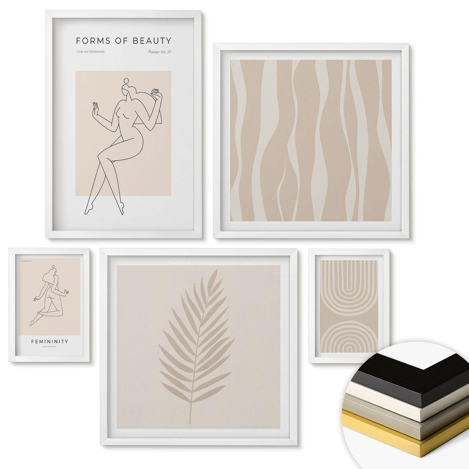 WANDBILDER 5er-Set - 50x50 cm & 20x30 cm & 40x60 cm Weißer Rahmen - Abstrakte Boho-Dekorationen - Weiß, Kunststoff (40/60cm) - ArtPrintCave