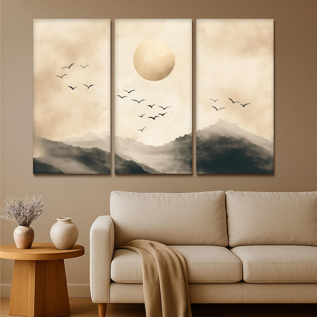 LEINWANDBILD 3er Set Landschaft - Japandi - Beige - Vögel 180x120 cm - Beige, Textil (180/120cm) - MuchoWow