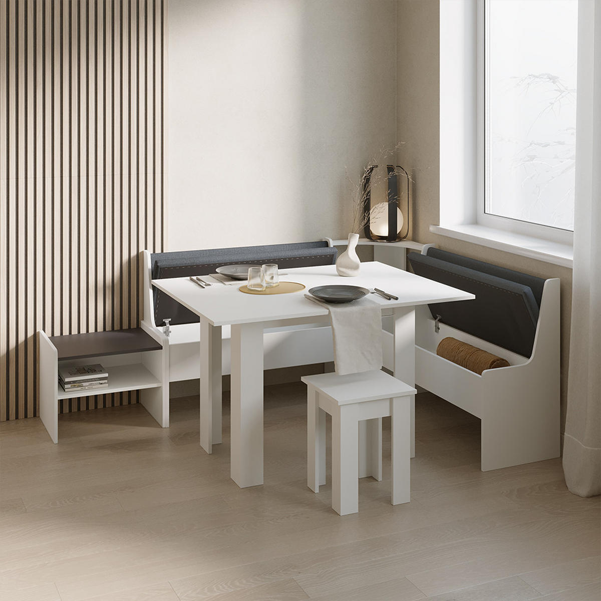 ECKBANKGRUPPE Tiberio Weiß 150 x 150 cm mit Tisch - Weiß, Holzwerkstoff (150/80/150cm) - Livinity®