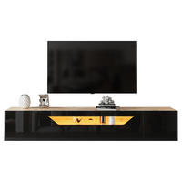 TV-LOWBOARD aus Spanplatte 180x37x36 cm Schwarz/Natur mit LED-Beleuchtung, wandmontiert und Hochglanzfront - Schwarz, Holzwerkstoff (180/36/37cm) - Modfu