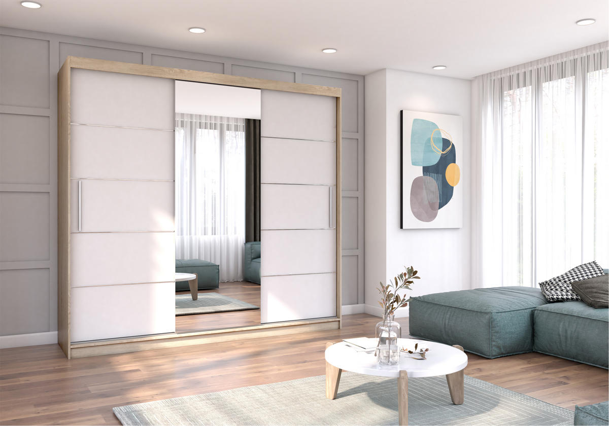 SCHIEBETÜRENSCHRANK - ALFA (Sonoma +Weiß) - Weiß/Sonoma Eiche, Holzwerkstoff/Metall (233/218/61cm) - Möblo