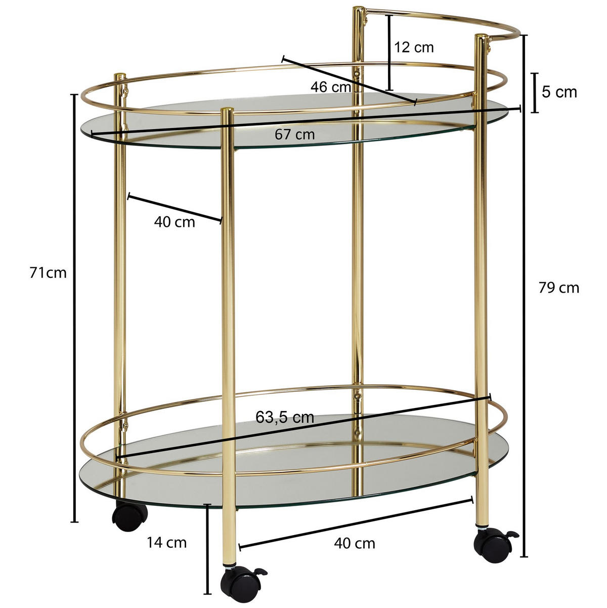 SERVIERWAGEN – Gold, 2 Glasplatten, auf Rollen - Goldfarben, Glas/Metall (67/79/46cm) - KADIMA DESIGN