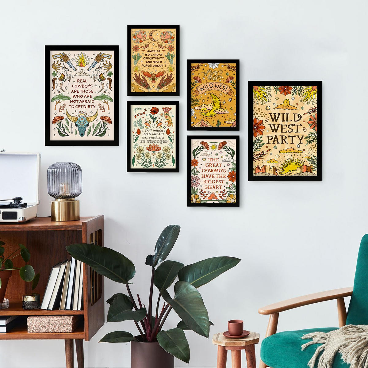 POSTER Set Mit 6 Wundervoller Wildwest-Ästhetische Dekorative Gemälde Für Ihr Wohnzimmer Oder Zuhause Wandkunstdruck A3 & A4 Schwarzer Rahmen - Schwarz, Papier (29/3cm) - Nacnic