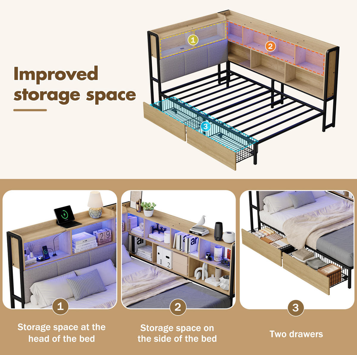 JUGENDBETT 90/200 cm aus MDF und Metall mit LED-Beleuchtung, USB- und Type-C-Anschluss, Stauraum und 2 Schubladen, Natur/Grau - Naturfarben, Holzwerkstoff (90/200cm) - Redom