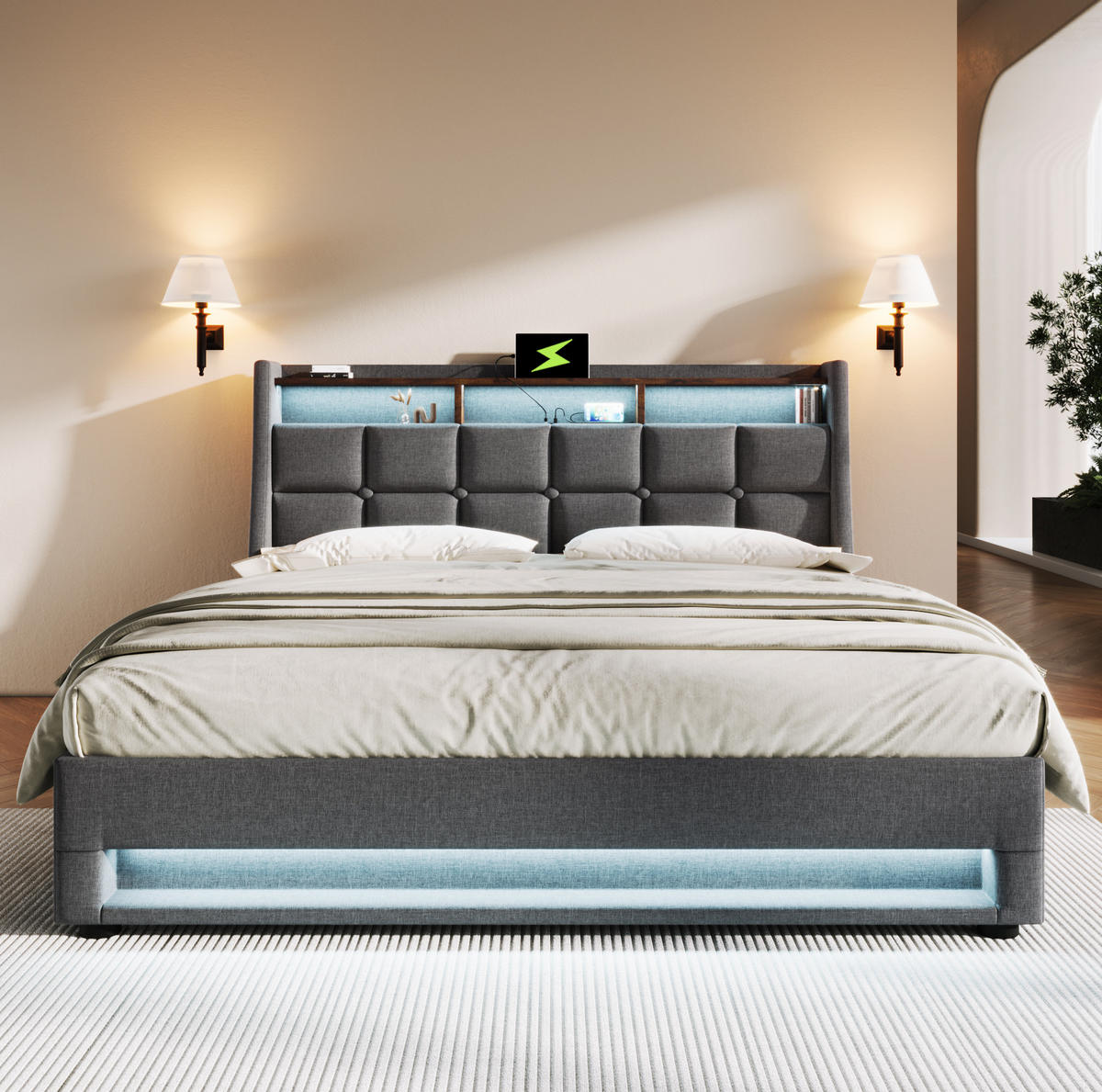 ČALOUNĚNÁ postel 140/200 cm, šedá, látková s LED osvětlením a USB - šedá, textil (140/200cm) - BEAOK