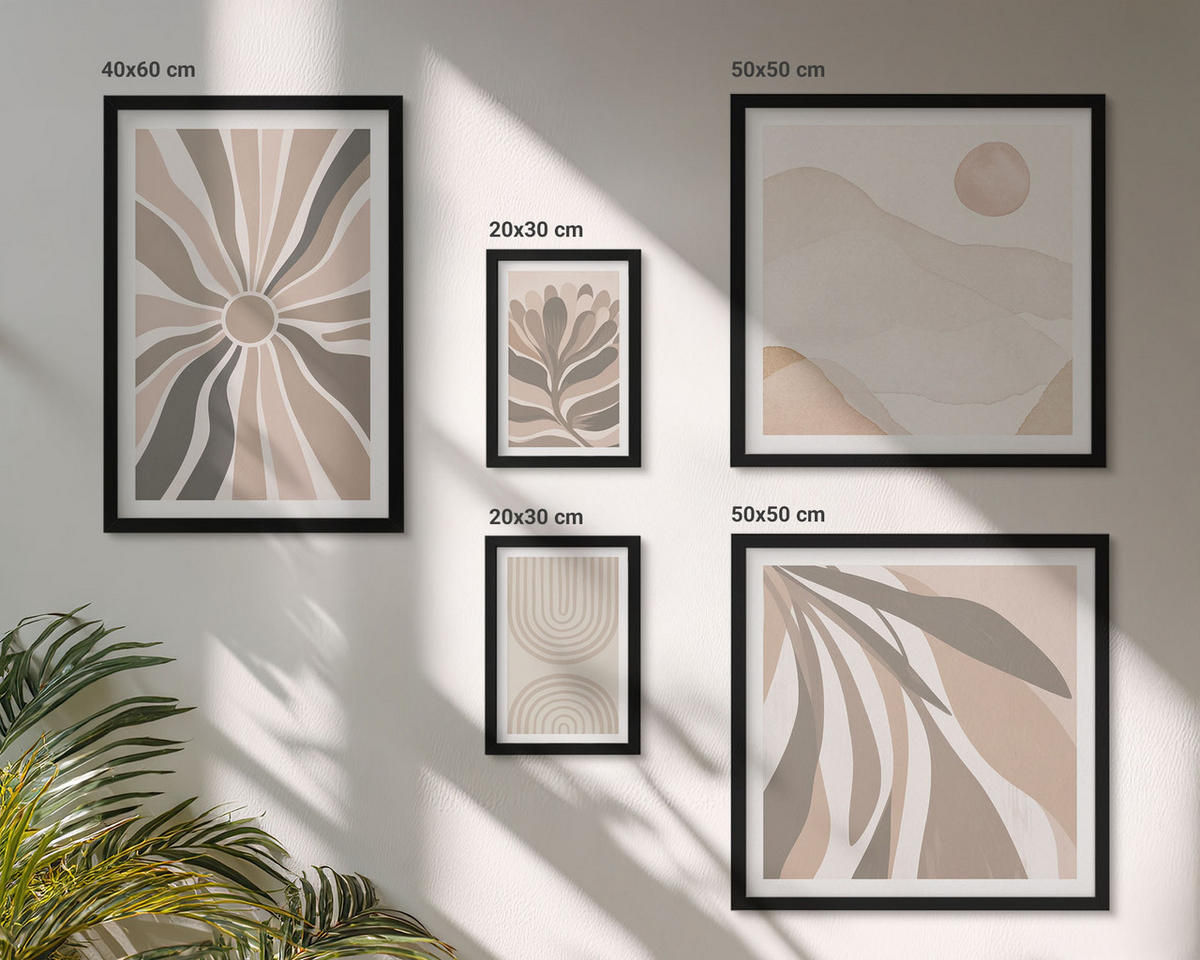 BILDER SET 5er Set - 50x50 cm & 20x30 cm & 40x60 cm Schwarzer Rahmen - Abstrakte Pflanzenmuster - Schwarz, Kunststoff (40/60cm) - TULUP