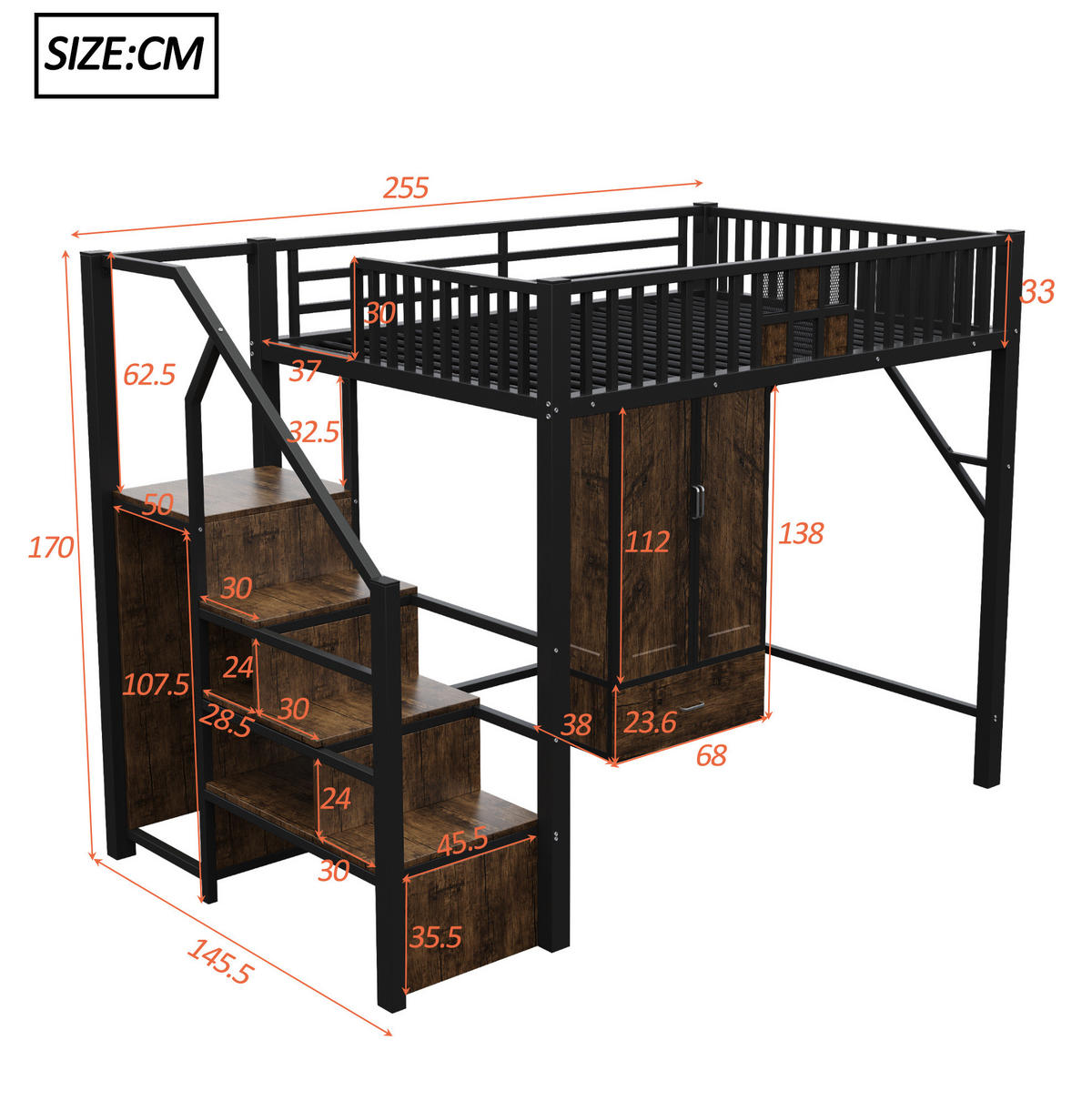 HOCHBETT 140/200 cm aus Metall und Holz mit Stauraumleiter und Kleiderschrank - Schwarz, Metall (140/200cm) - BEAOK