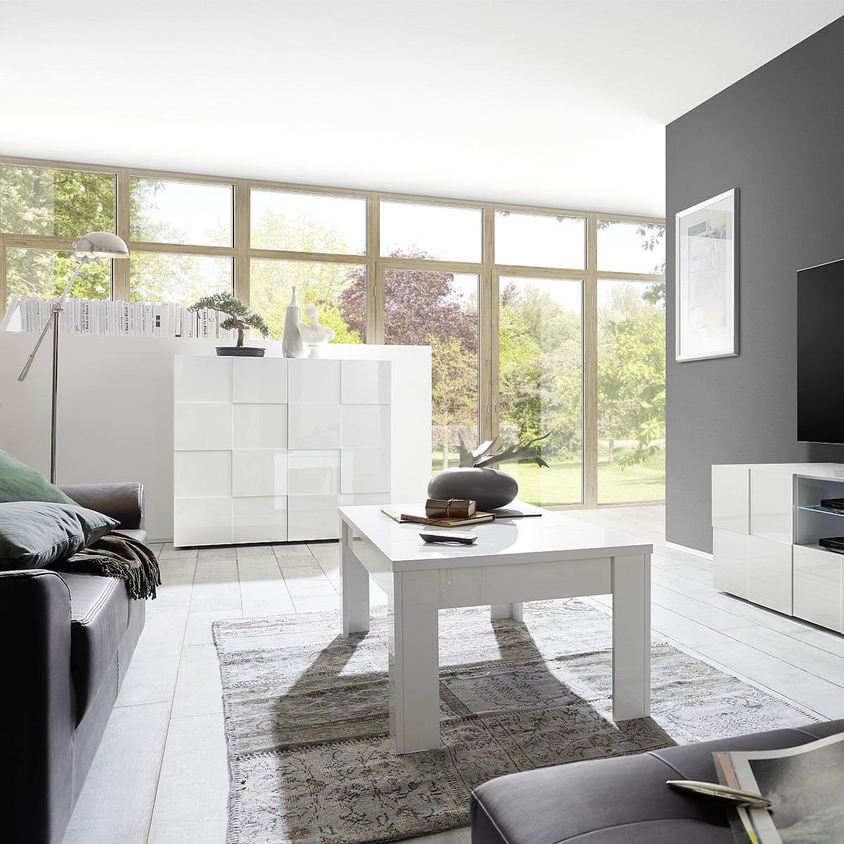 HIGHBOARD mit 2 Türen - Weiß lackiert - CALISTO - Weiß, Holz (121/111/42cm) - Vente-Unique