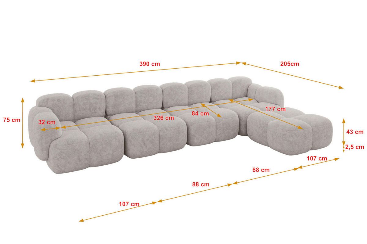 ECKSOFA modulares Sofa Rechts Miko-L3 390x205x75 Hellgrau Velours - Hellgrau/Schwarz, Holzwerkstoff/Kunststoff (390/205cm) - ALTDECOR