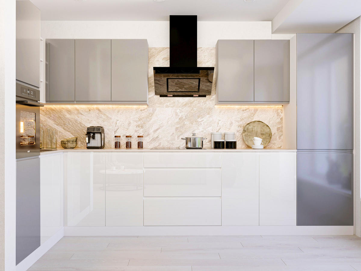 ECKKÜCHE 300x140 cm Glanzia – KU-S07 – Grau / Weiß – Hochglanz - Weiß Hochglanz/Grau, Holzwerkstoff (300/212/140cm) - hi-markt