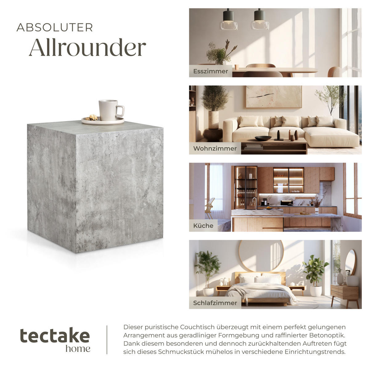 COUCHTISCH Lasley,inkl. Bodenschoner, Belastbarkeit 45 kg,Beton Optik - Grau, Holz (45/45/50cm) - tectake