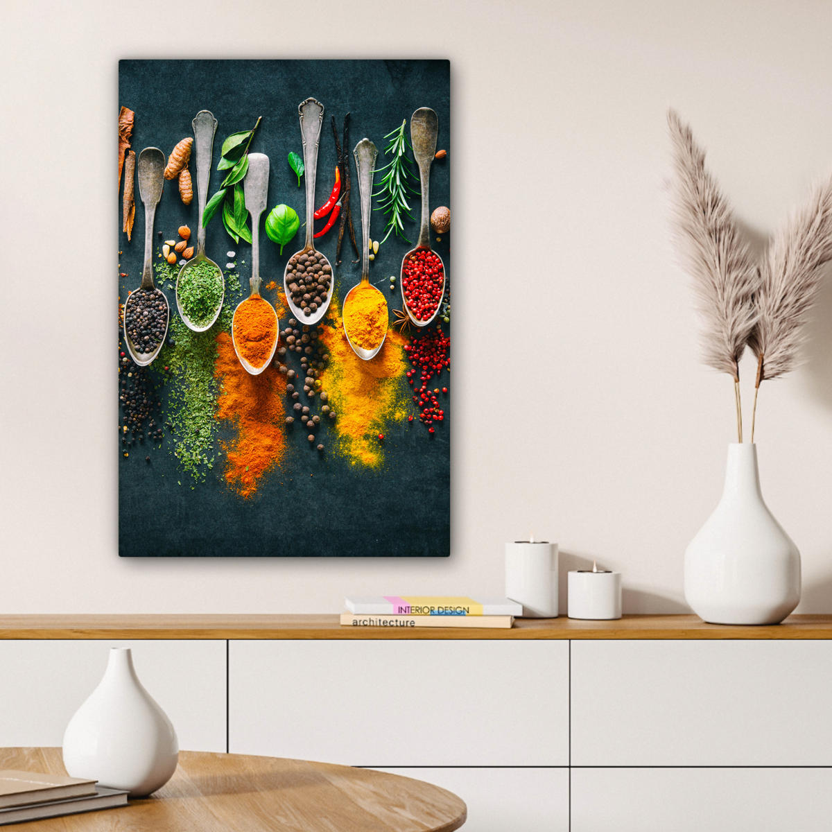 LEINWANDBILD Kräuter - Gewürze - Löffel 60x90 cm - Currygelb, Textil (60/90cm) - MuchoWow