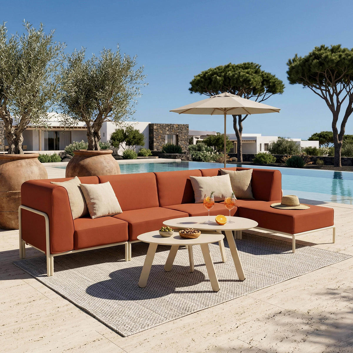GARTENSOFA mit 5 Sitzplätzen, Terrakotta - Rot, Textil (288/78/80cm) - Oviala