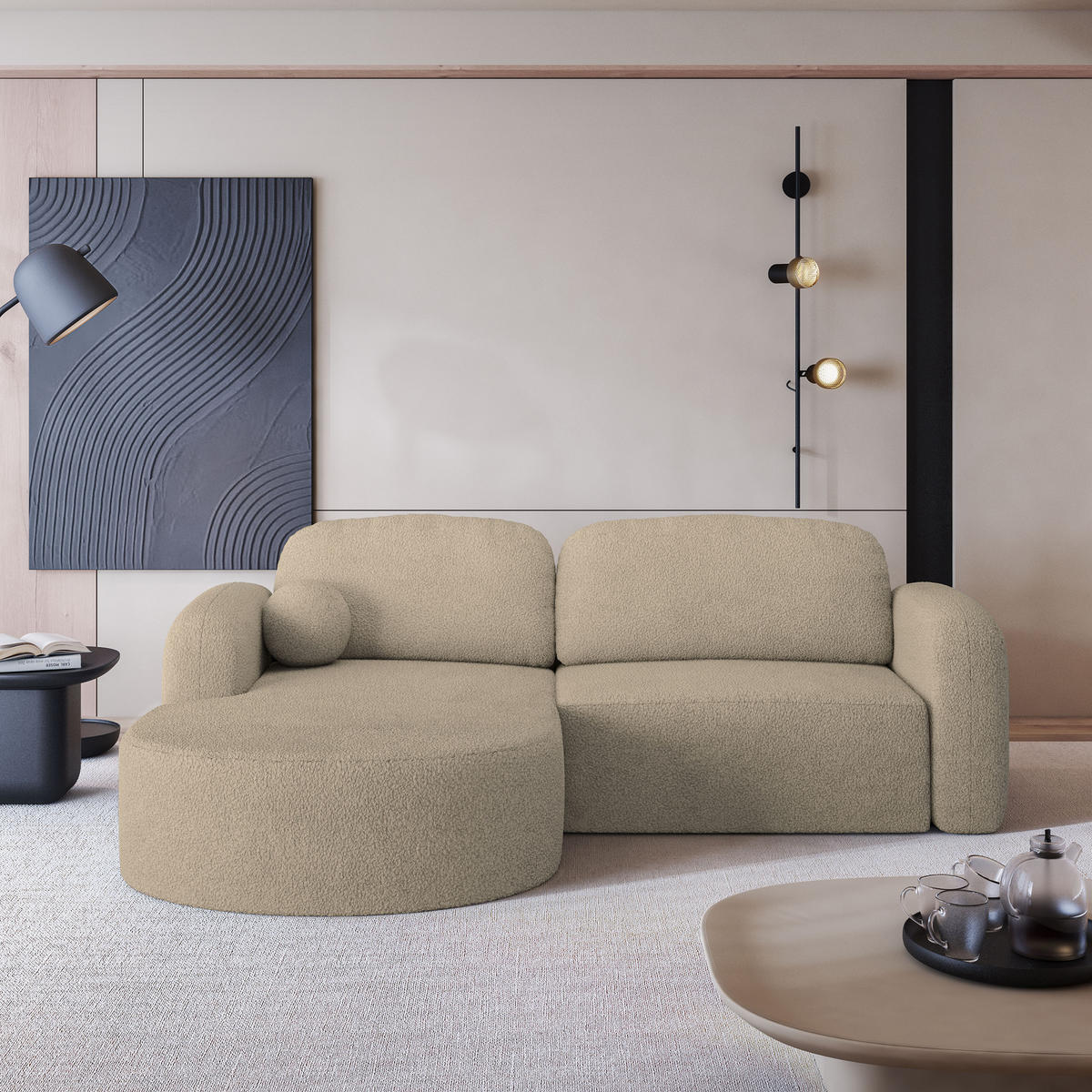 ECKSOFA AMILIA L-S Beige Boucle-Stoff mit Schlaffunktion - Beige, Holz (263/174cm) - MASSENO