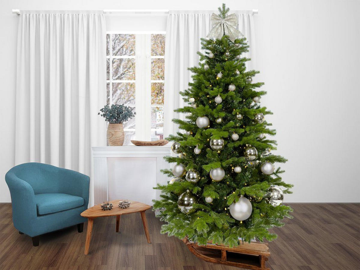 WEIHNACHTSBAUM künstlicher 150 cm, SILBERWEIHNACHTEN, mit 73-teiligem Weihnachtsbaumschmuck, inkl. Metallständer und Aufbewahrungsbox - Silberfarben/Grün, Kunststoff/Metall (104/150cm) - LAALU