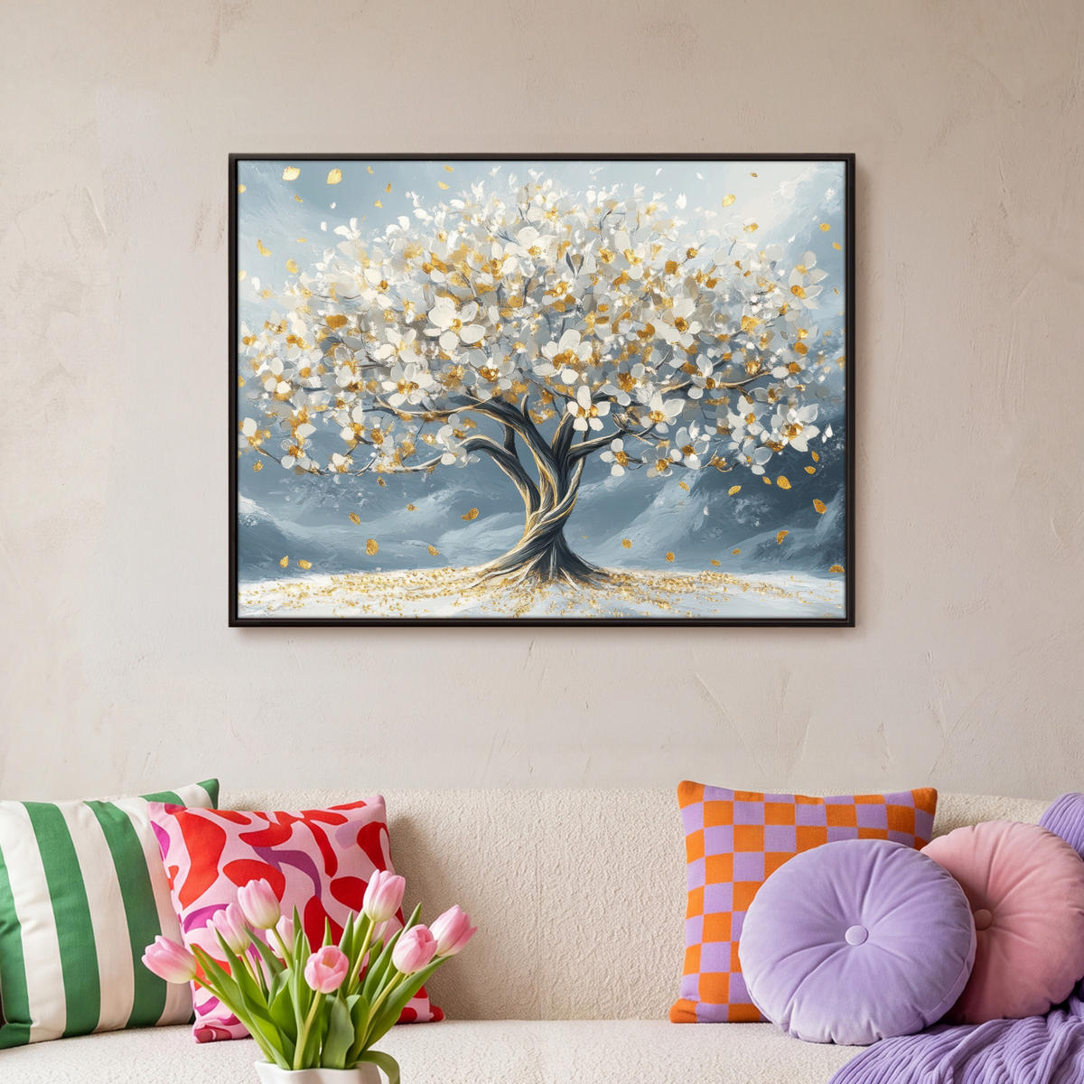 LEINWAND Bilder mit Rahmen - Baum - Winter - Baum des Lebens - Modern - Gold - 80x60 - Goldfarben, Textil (80/60cm) - MuchoWow