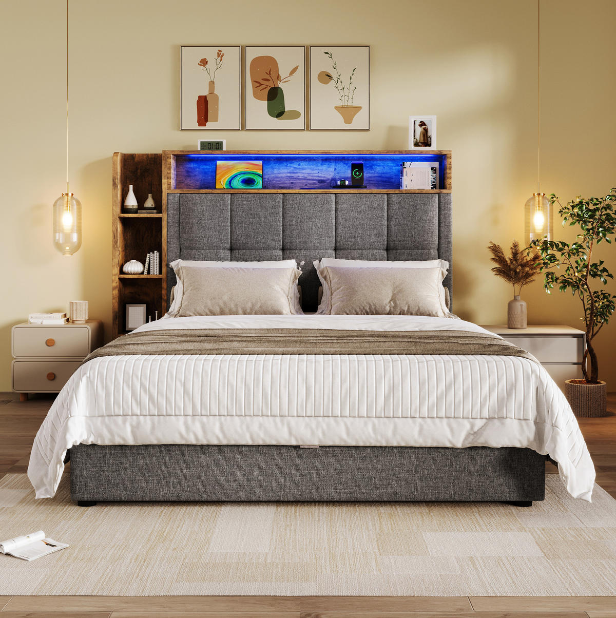 POLSTERBETT 90/200 cm Grau mit LED-Beleuchtung und USB- und Type-C-Anschlüssen - Grau, Textil (90/200cm) - OKWISH