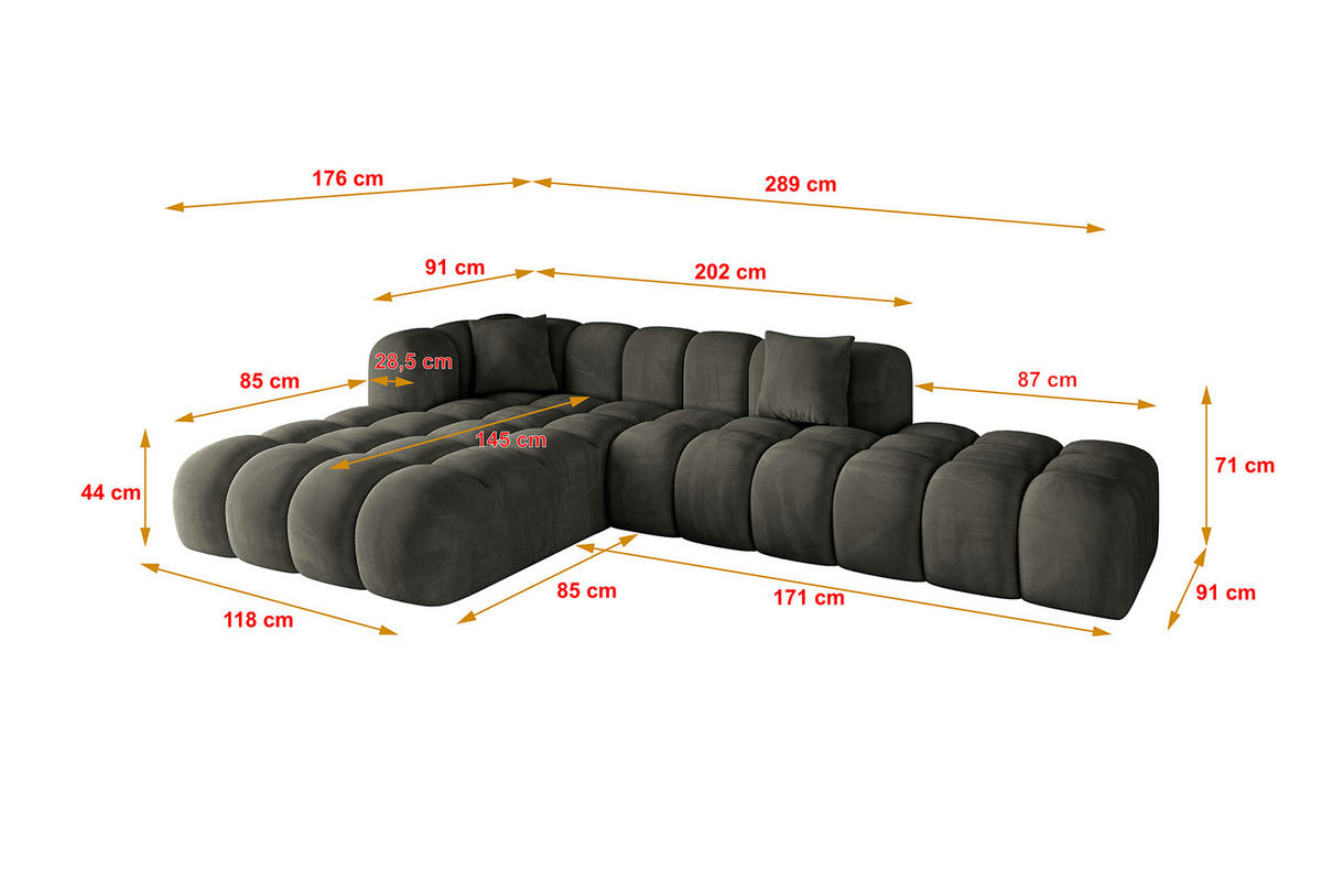 ECKSOFA Ottomane Links OLEA-L2 - 289x176x71 cm Schwarz - Schwarz, Holzwerkstoff/Kunststoff (289/176cm) - ALTDECOR