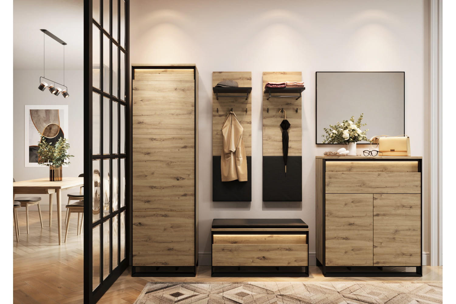 GARDEROBE Quant 2 - Schwarz/Eiche Artisan, Holzwerkstoff (244/249/40cm) - Meblini