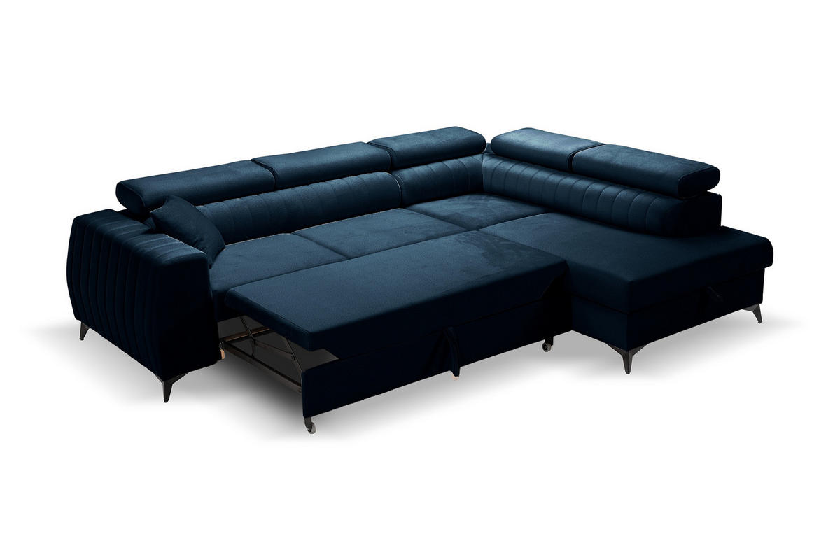 ECKSOFA PIERO L Rechts mit Schlaffunktion 195x125 Velours Dunkelblau - Schwarz/Dunkelblau, Holz/Textil (203/268cm) - Muffo