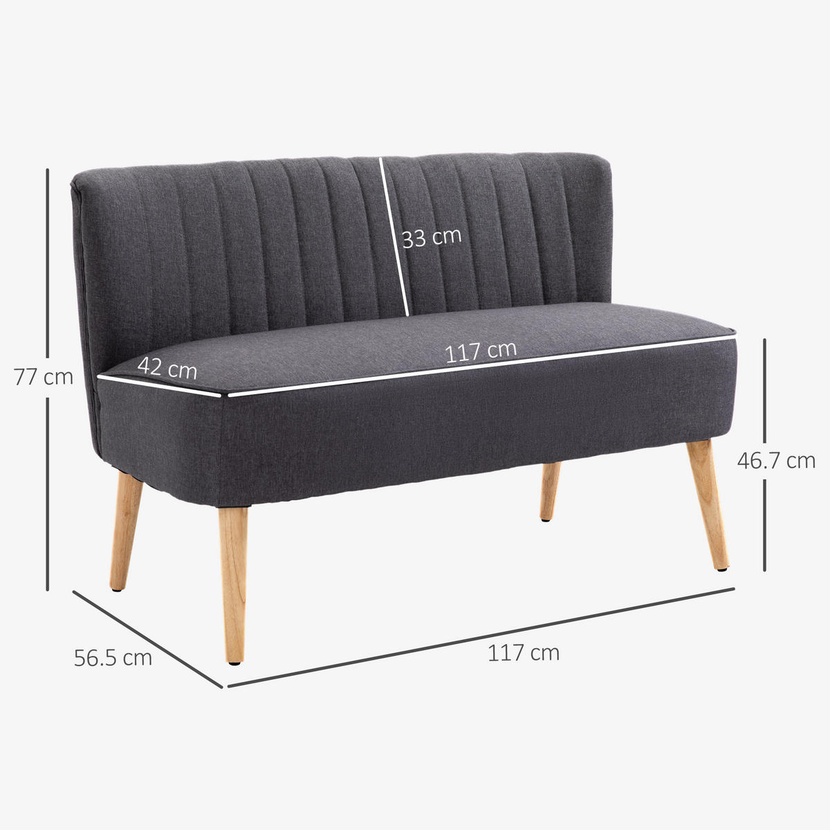 SOFA, 2-Sitzer, Leinenoptik, ohne Armlehnen, Holzbeine, dunkelgrau, 117x56,5x77cm - Multicolor, Holzwerkstoff (117/77/56.5cm) - FORIOUS