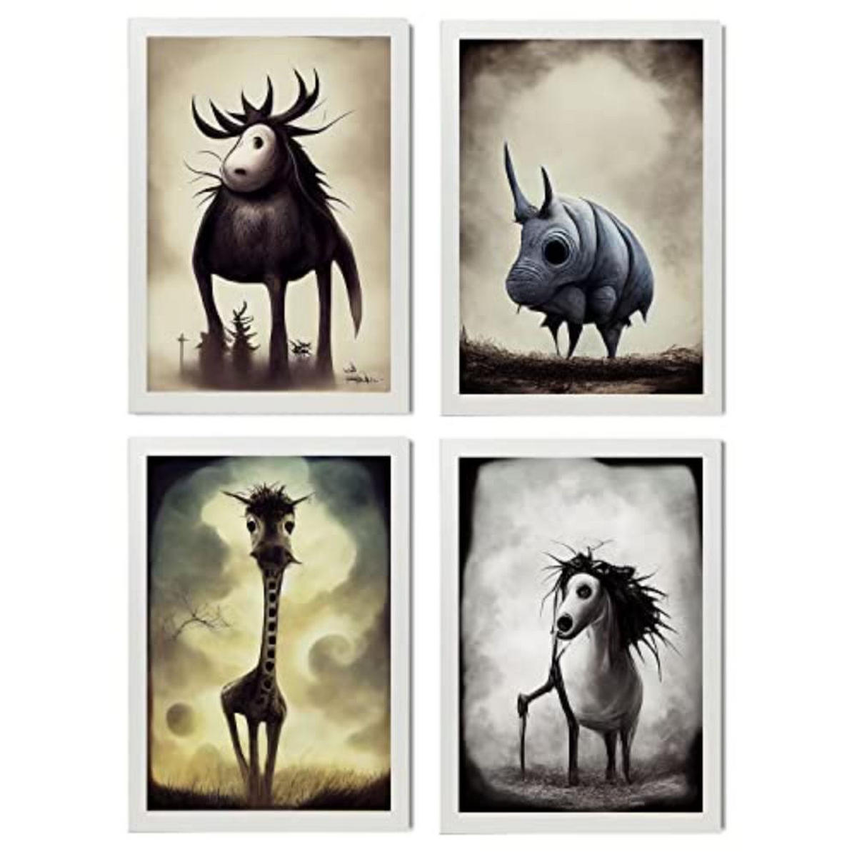 POSTER Set mit 4 Vierbeiner Tier im T Burton Goth Stil A3 Weißer Rahmen - Weiß, Papier (29.7/3cm) - Nacnic