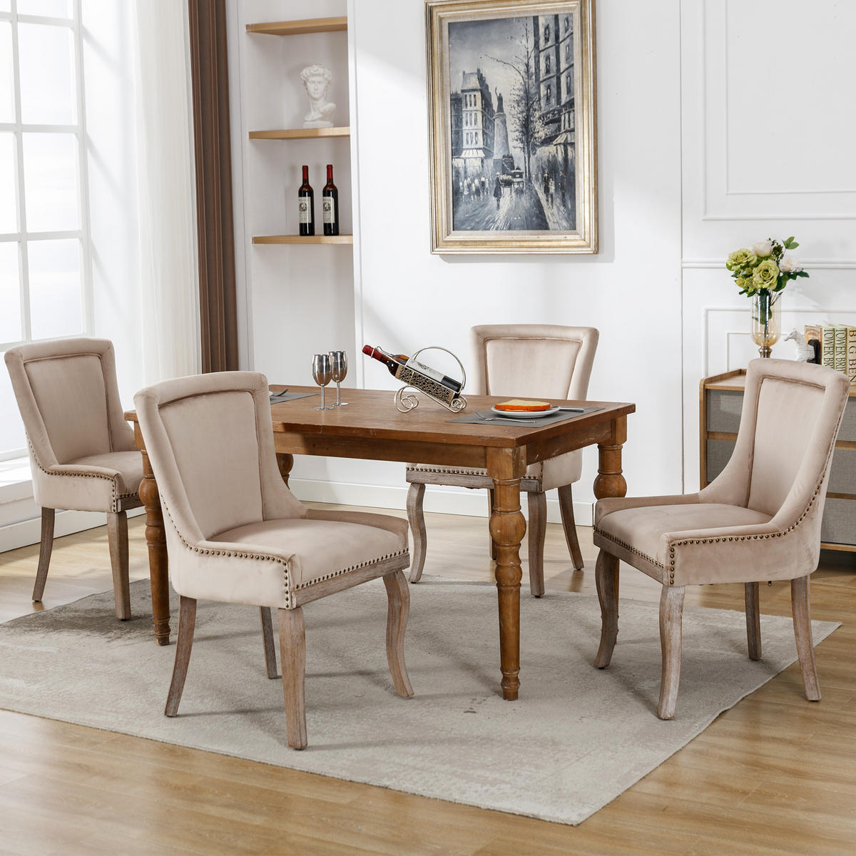STUHL-SET DE-35921 4 Stück mit Nagelkopfbesatz Beige - Beige, Holz (61/91/55cm) - ComfortXL
