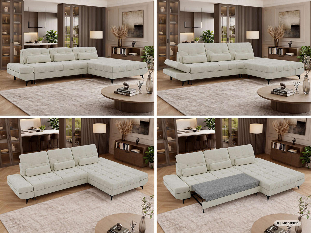 ECKSOFA ALVENO L - Creme Schenille glatt - Rechts Seite - Creme/Schwarz, Textil/Metall (344/218cm) - MKS