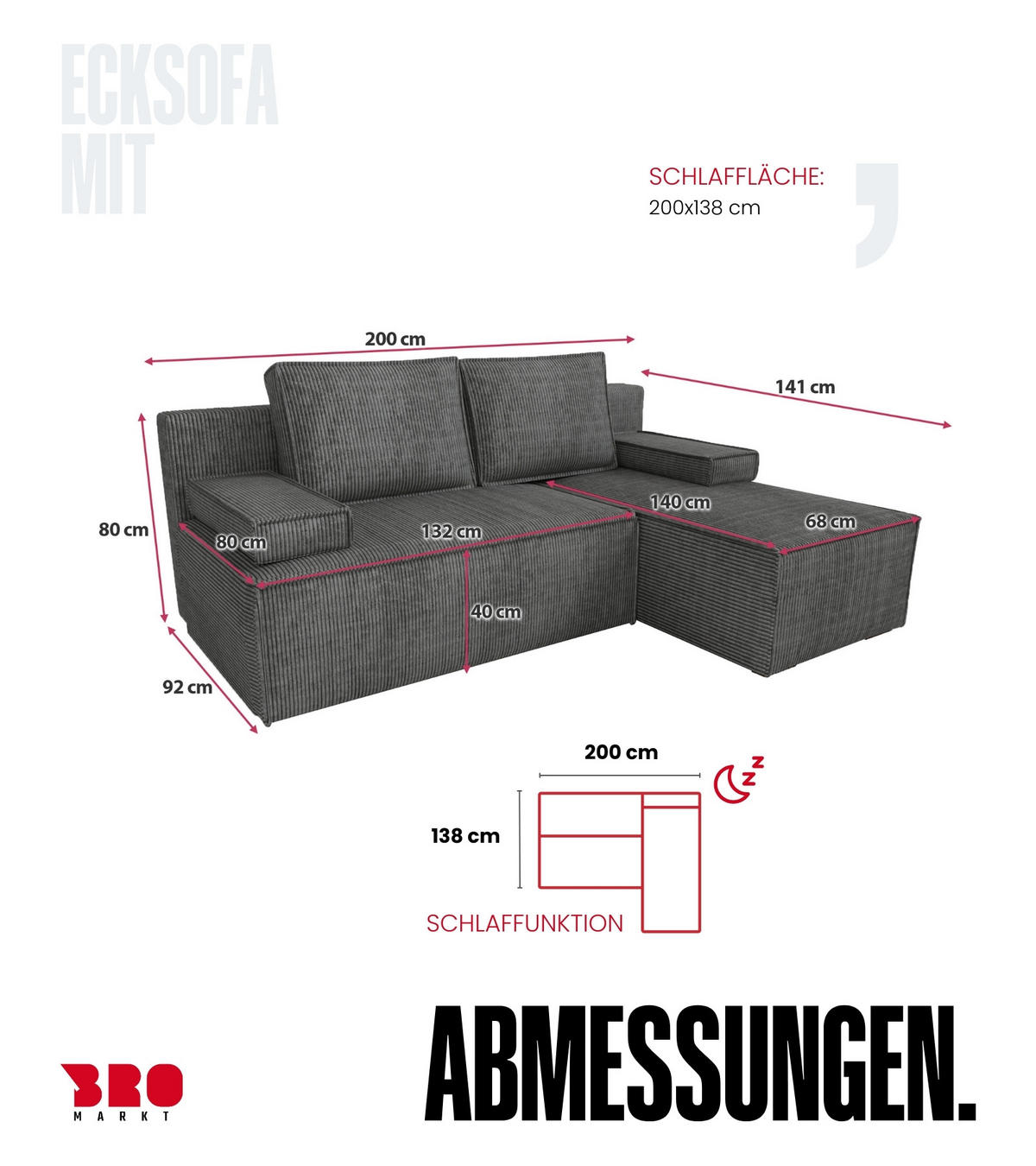 ECKSOFA Caspar mit Schlaffunktion Grau Cord - Dunkelgrau, Textil (200/141cm) - Bromarkt
