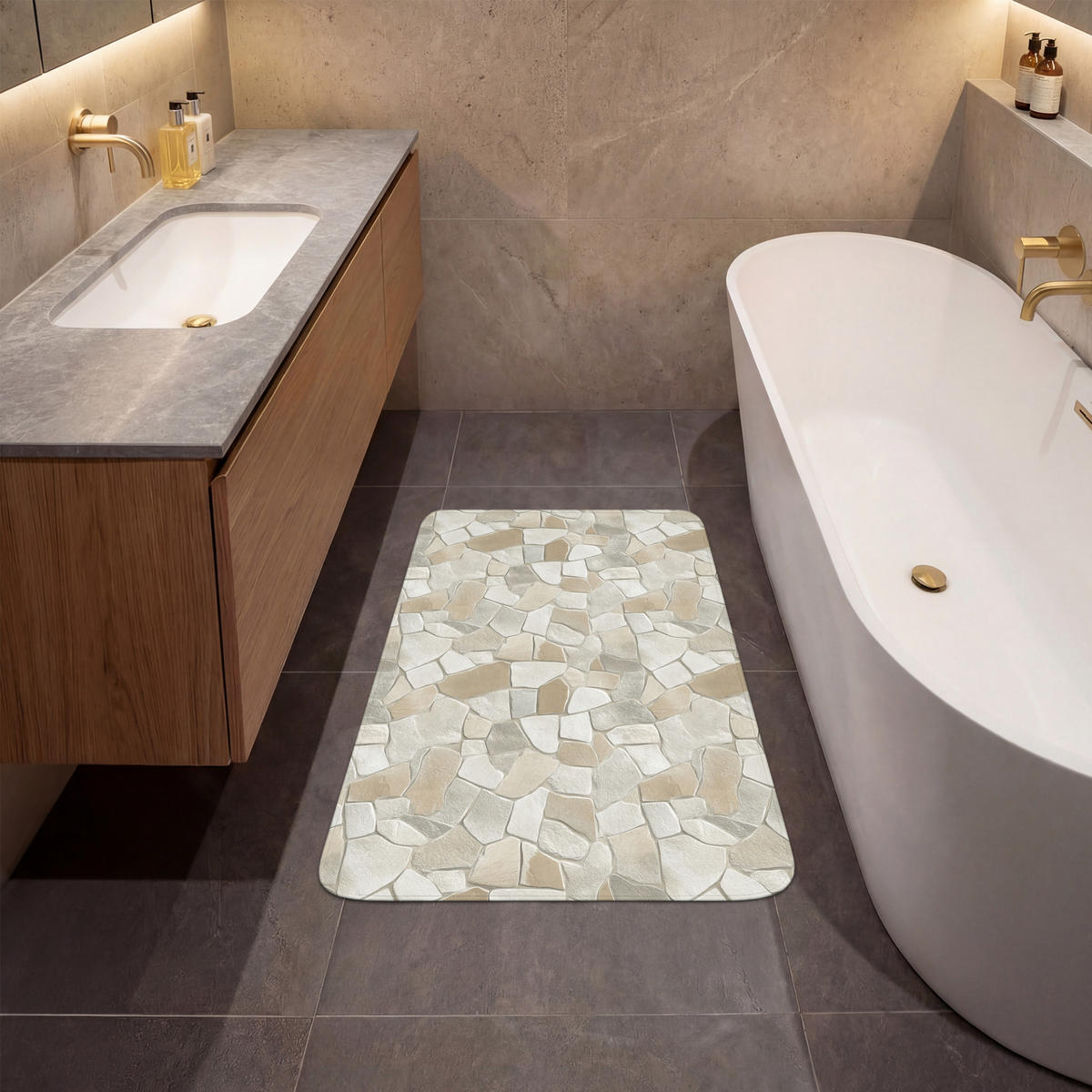 KÚPEĽŇOVÁ PREDLOŽKA Mozaika - Kamienky - béžová 60x90 cm - krémová/béžová, textil/plast (60/90cm) - OnlyWow