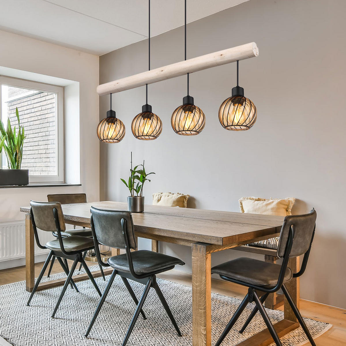 HÄNGELEUCHTE Holzoptik Braun Glas Amber - Braun, Holz (82/13/120cm) - Globo Lighting