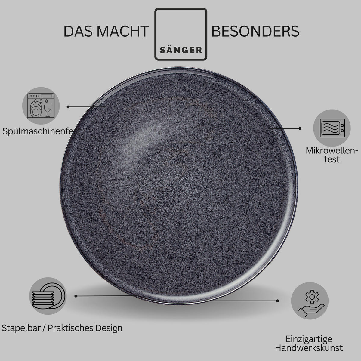 SÄNGER Steingut Geschirrset Bali, Tafelservice 24 teilig für 8 Personen - Schwarz, Keramik (27/5/27cm) - Sänger
