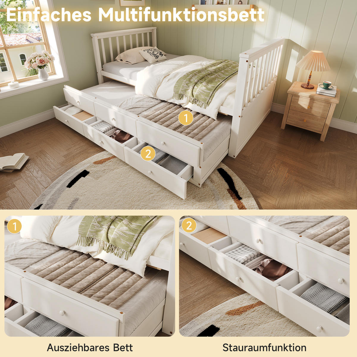 DAYBETT 90x200 cm Rollbett Schubladen weiß - Weiß, Holz (90/200cm) - LEBENLANG