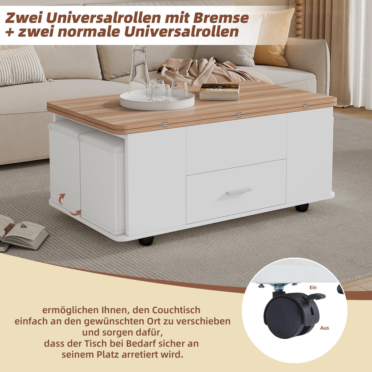 COUCHTISCH höhenverstellbar Weiß 4-in-1 mit 4 Hockern Schubladen - Weiß, Holzwerkstoff (100/50/45cm) - FLIEKS
