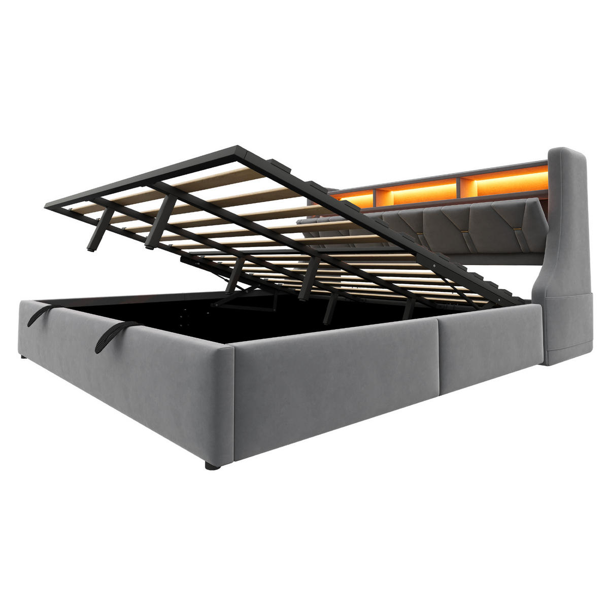 POLSTERBETT 180/200 cm Grau mit Stauraum LED-Beleuchtung und USB- und Type-C-Anschlüssen Samt - Grau, Textil (180/200cm) - OKWISH