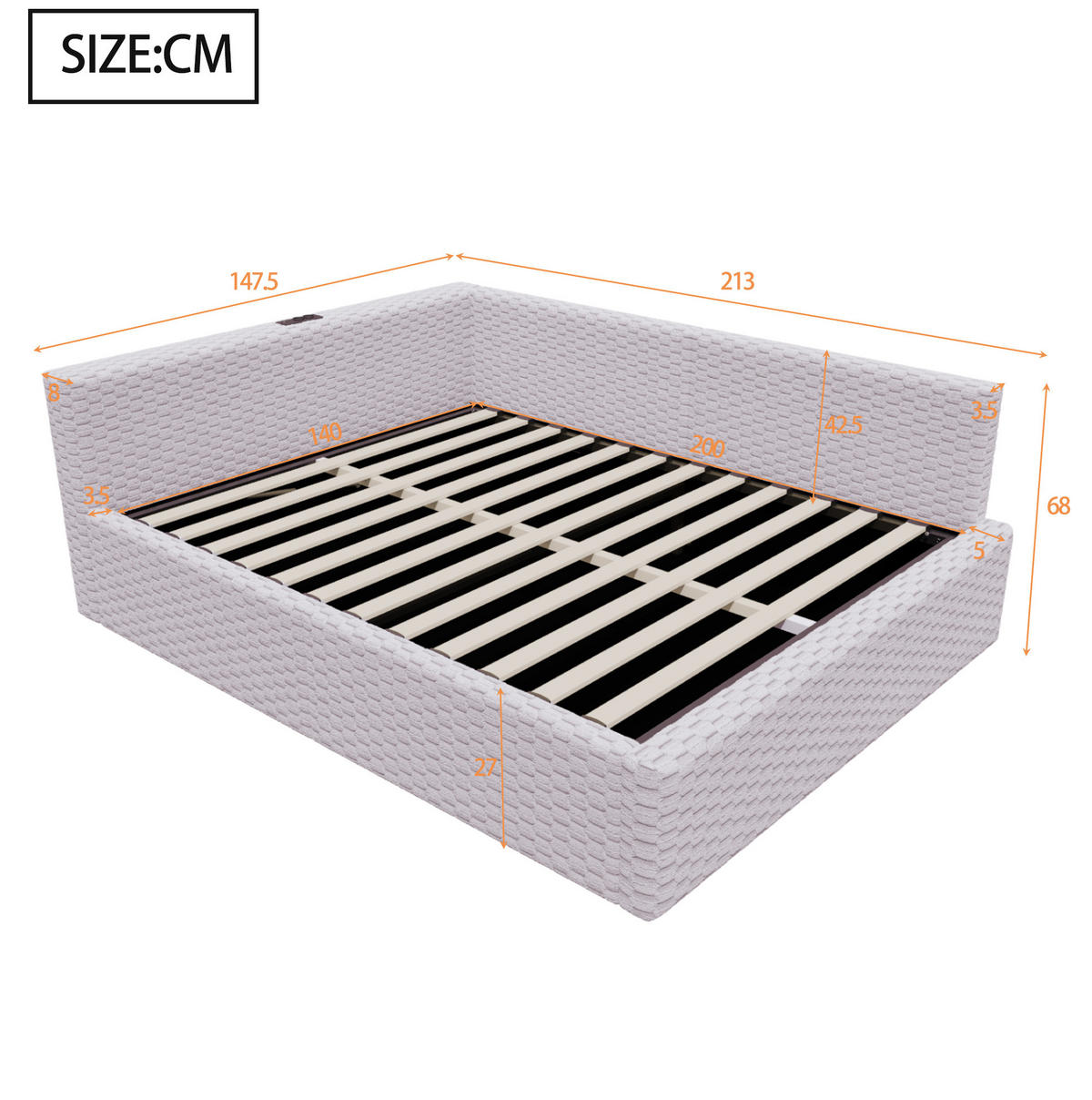 TAPECIRANI krevet 140/200 cm s LED osvjetljenjem, USB i Type-C priključkom te hidrauličnim spremištem, Siva - siva, tekstil (140/200cm) - Redom
