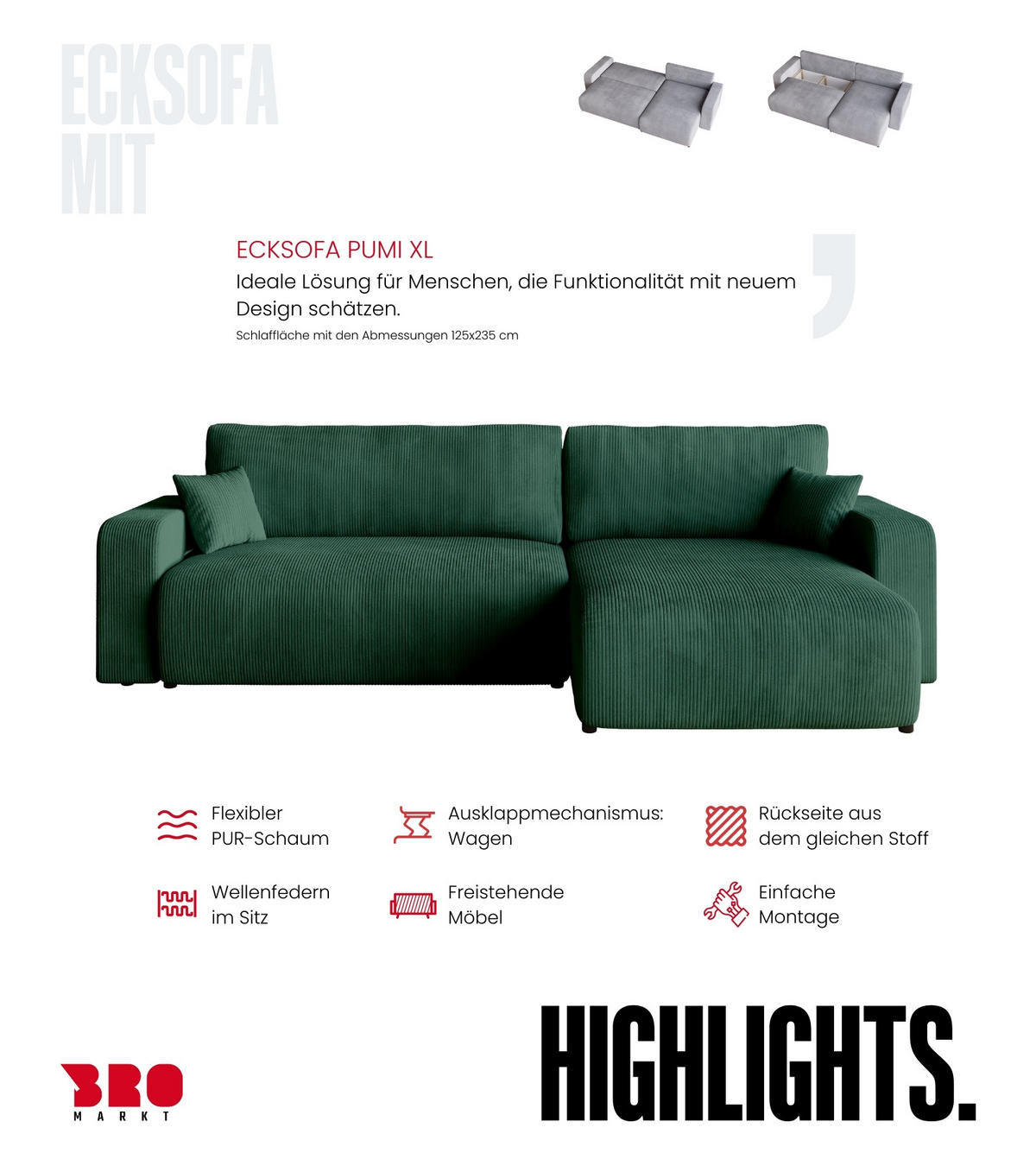 ECKSOFA PUMI XL mit Schlaffunktion Dunkelgrün Cord - Dunkelgrün, Textil (274/148cm) - Bromarkt