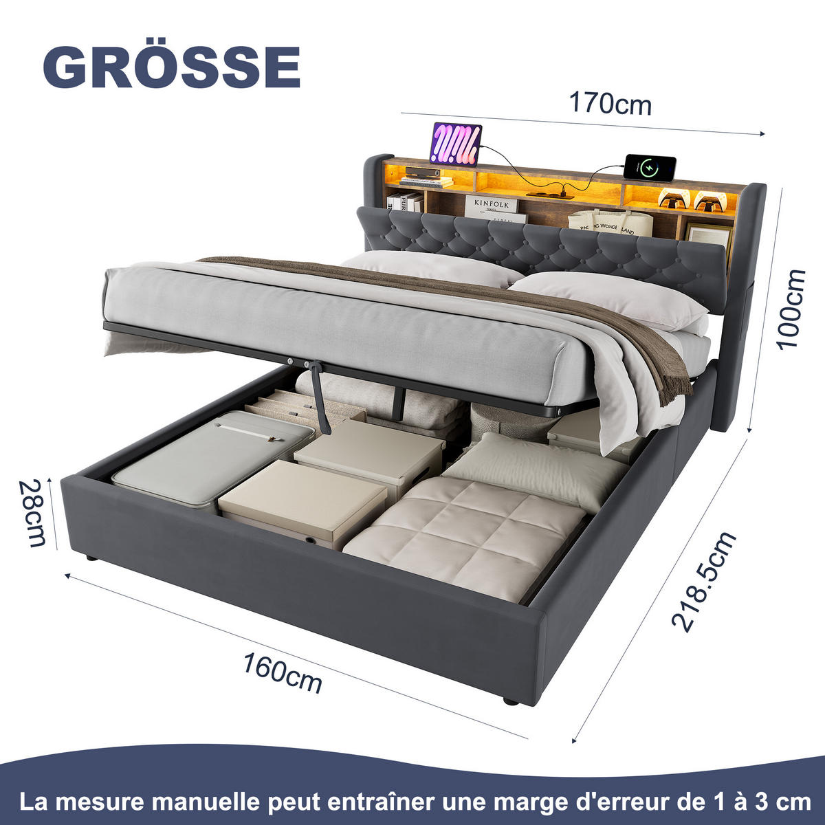 POLSTERBETT 160/200 mit Matratze und Bettkasten und Stauraumbett mit Schubladen und LED Funktionbett in Grau - Grau, Holzwerkstoff/Textil (160/200cm) - STILVORA