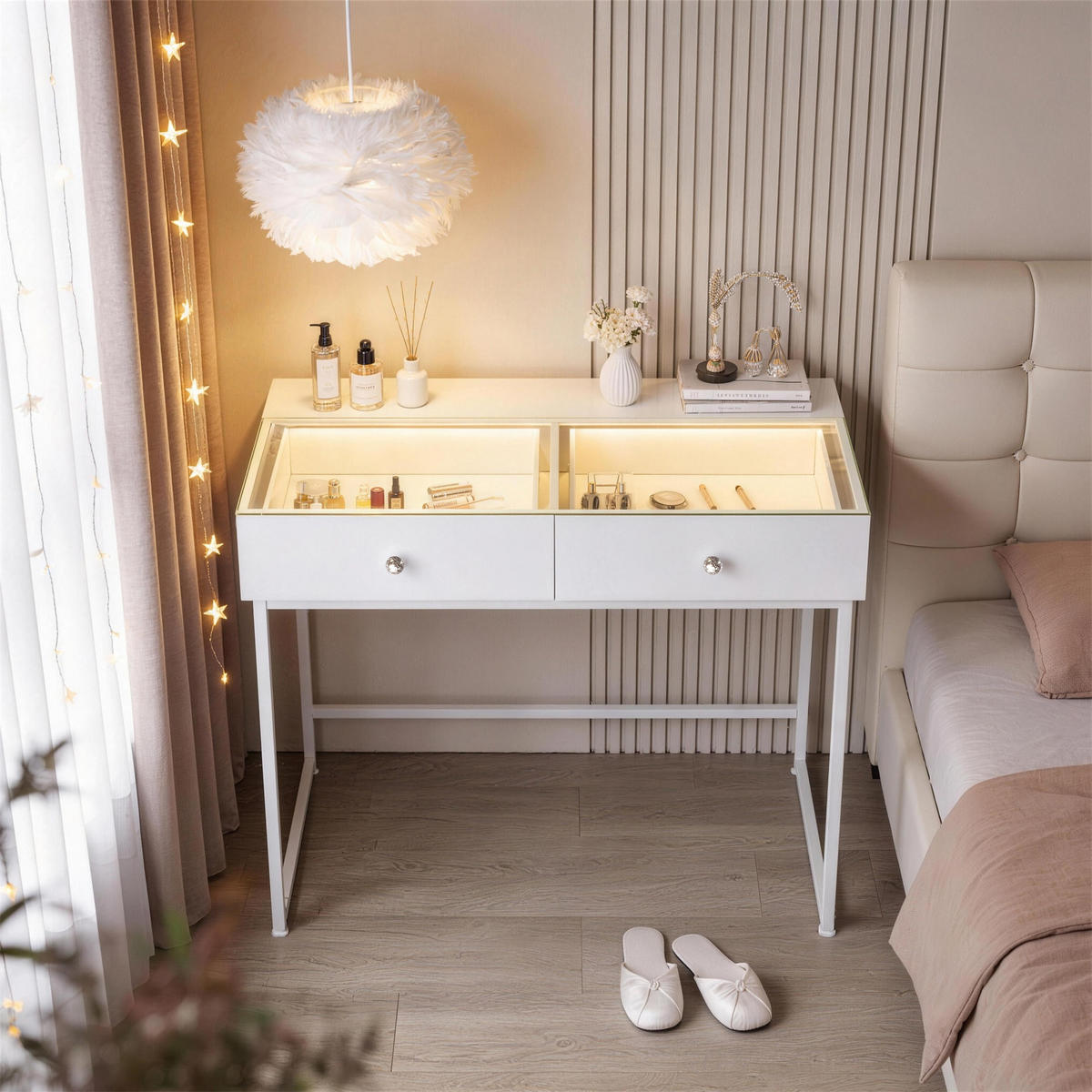 KONSOLENTISCH mit LED 2 Schubladen 100/55/81 CM - Weiß, Holz (100/55/81cm) - VANITII